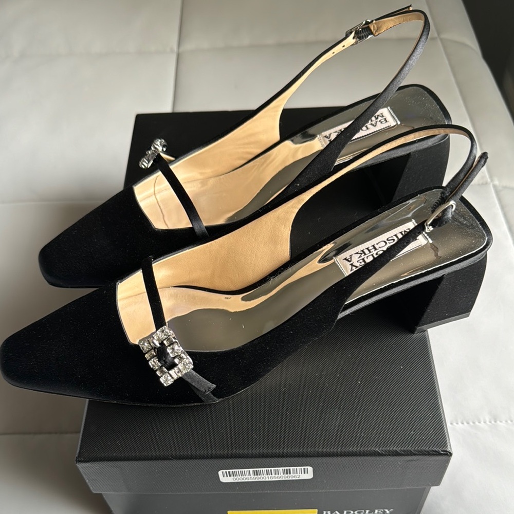 Badgley Mischka Black Slingback Kitten Heels with Metallic Embellishment